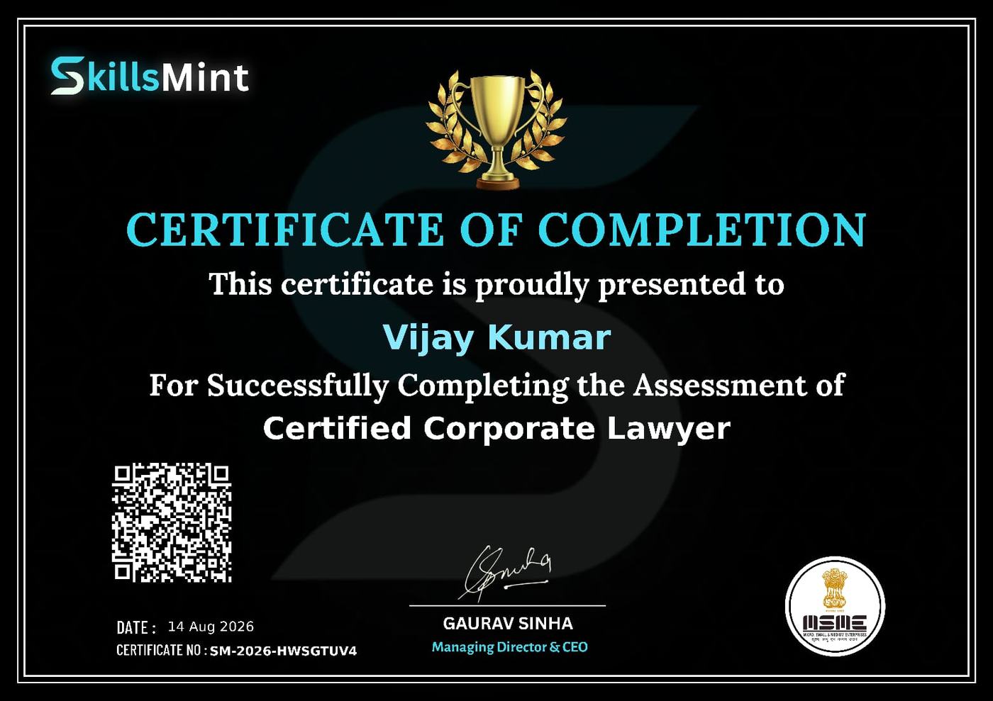 Certified Corporate Lawyer assessment certificate
