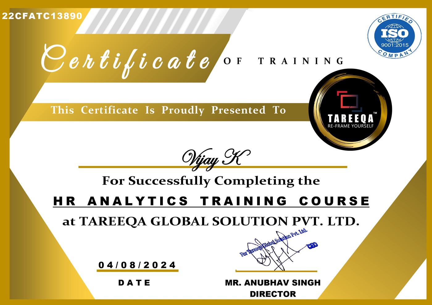 HR Analytics Training Course certificate