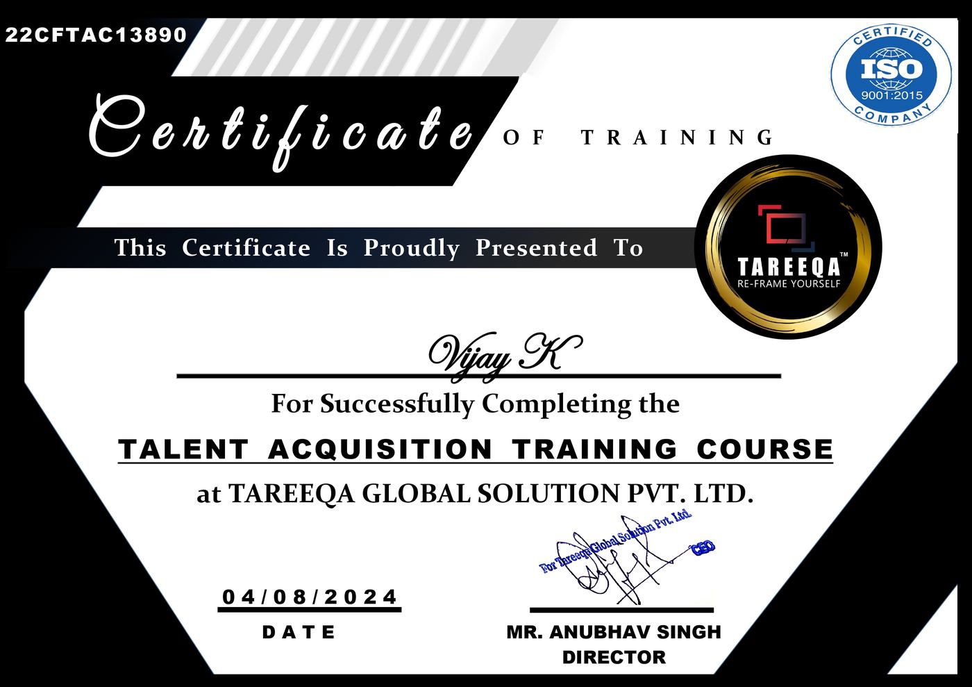 MS Excel Advanced Training certificate